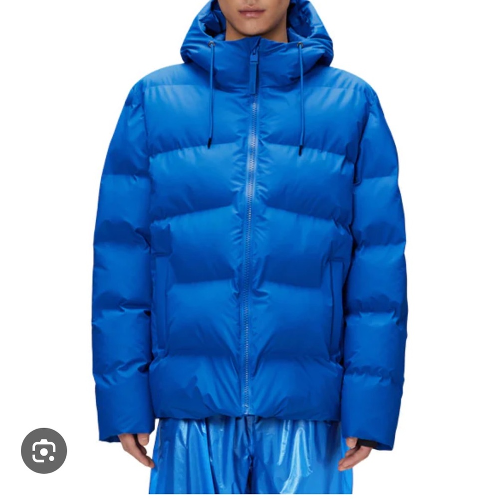 Rains Blue Puffer Jacket with Quilted Design and Attached Hood